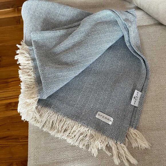 NEW SFERRA Celine Herringbone Luxury Throw in Cadet Blue Made in Portugal - Picture 1 of 5